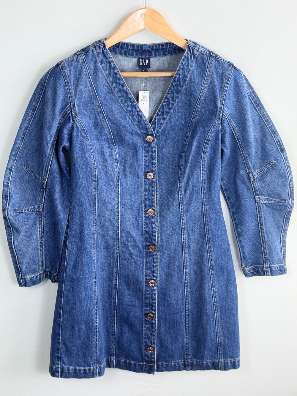 GAP Denim Barrel Sleeve Mini Dress Button Front V Neck A Line Size Small
